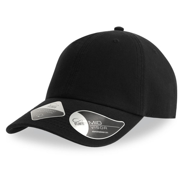 Black organic cotton dad hat with unstructured crown and curved visor showing brand label detail