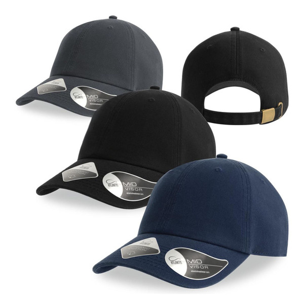 Organic cotton dad hats in charcoal, black and navy with curved brims and metal buckle adjusters