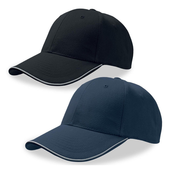 Black and navy caps with white reflective piping trim on curved peak and structured six-panel crown