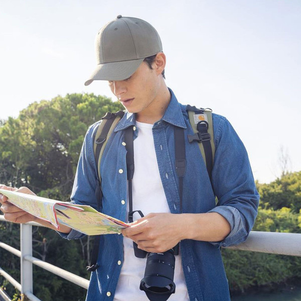 Grey recycled polyester cap with structured six-panel crown and curved peak