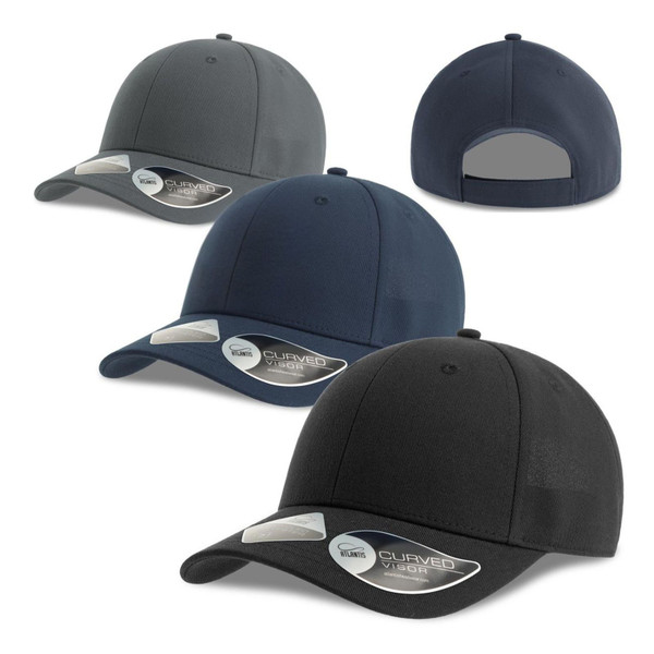 Premium recycled polyester caps in charcoal grey, navy blue, and black with contrast grey underbrims and adjustable snapback closures