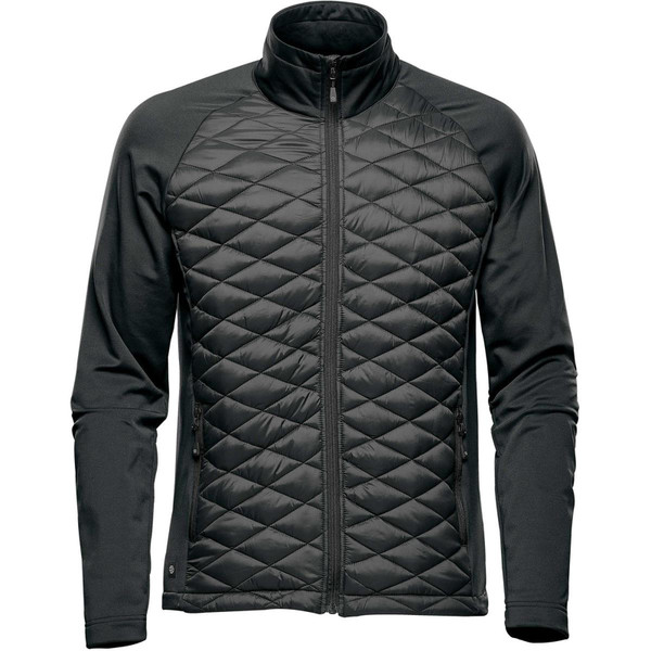 Charcoal grey insulated jacket with diamond-quilted front panel and smooth sleeves, full zip closure