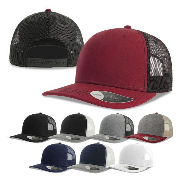 Cranberry and black 6-panel trucker cap with structured front, mesh back panels, and snapback closure — colour range shown below