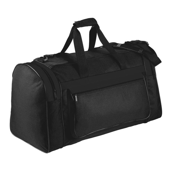 Black 76-litre sports duffle bag with front zippered pocket and dual carry handles