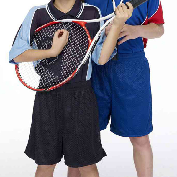 Two kids wearing mesh athletic shorts in black and royal blue with contrasting raglan sleeve polo shirts