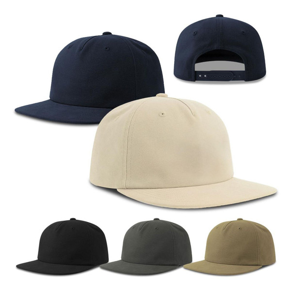 Flat peak snapback caps in navy, sand, black, charcoal and tan with organic cotton construction and adjustable snap closure