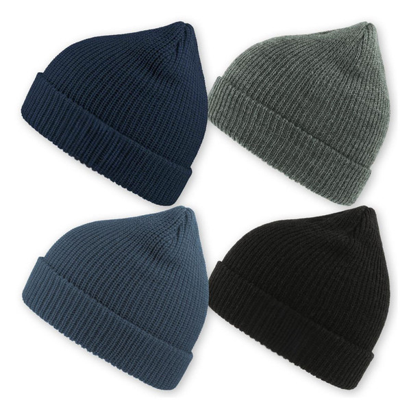 Four ribbed wool blend beanies in navy, charcoal grey, slate blue and black with cuffed brims