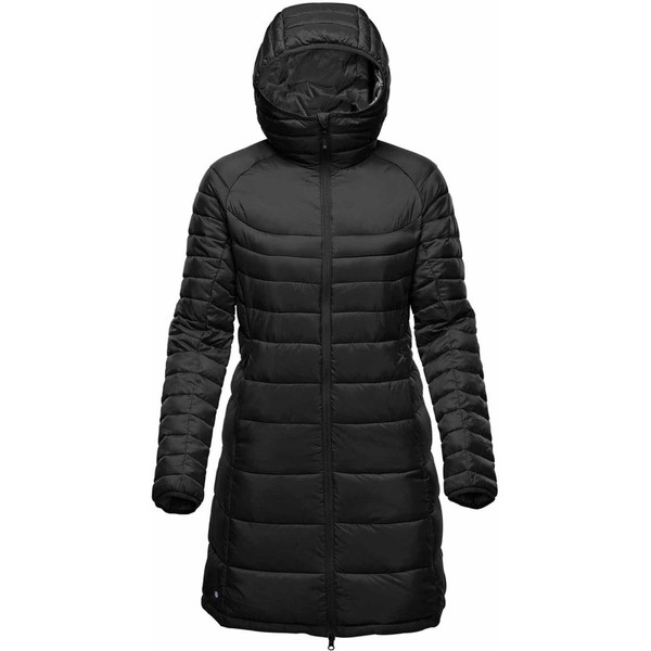 Black quilted puffer parka with hood and three-quarter length, featuring horizontal channel stitching throughout