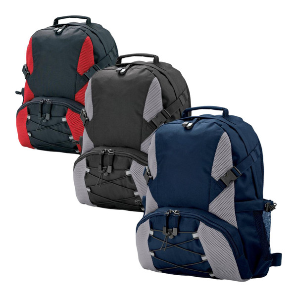 Three outdoor backpacks in charcoal red, black grey, and navy grey with mesh contrast panels and front bungee straps