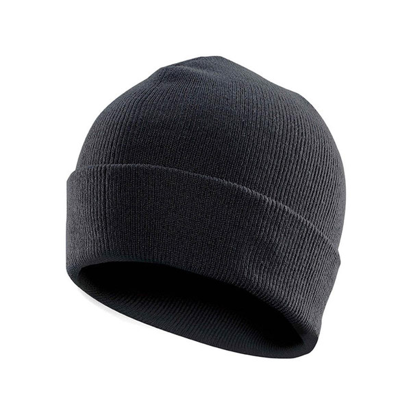 Charcoal grey ribbed knit beanie with folded roll-cuff, smooth front panel, packshot on white