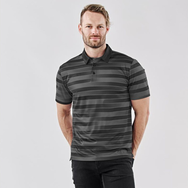 Charcoal and black horizontal striped polo shirt with black collar and short sleeves