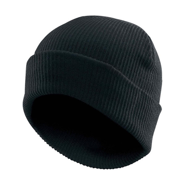 Black ribbed knit beanie with deep fold-over roll cuff, structured crown, fine vertical rib texture throughout