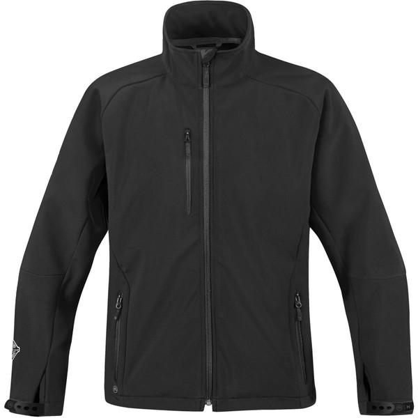 Black women's softshell jacket with full-length zip, stand collar, zippered chest and hip pockets