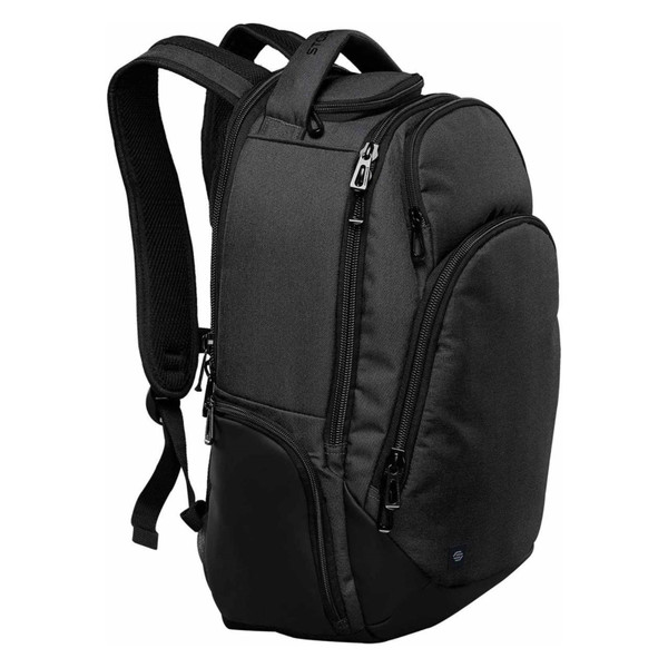 Stormtech black 30L commuter backpack with curved zip compartments, padded straps, and structured panelling