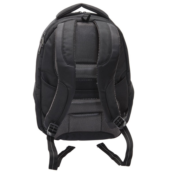 Rear view of black laptop backpack showing padded mesh back panel, adjustable shoulder straps and top carry handle