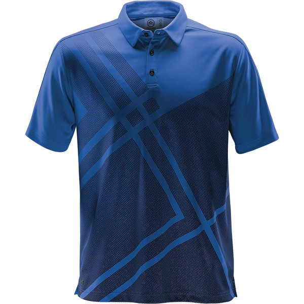 Royal blue men's performance polo with tonal geometric sublimated print, three-button placket, and structured collar