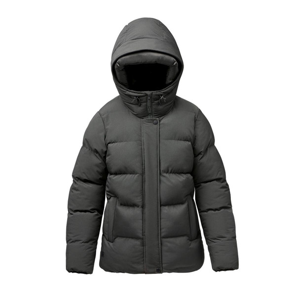 Charcoal grey women's hooded puffer jacket with horizontal quilt panels and concealed zip placket
