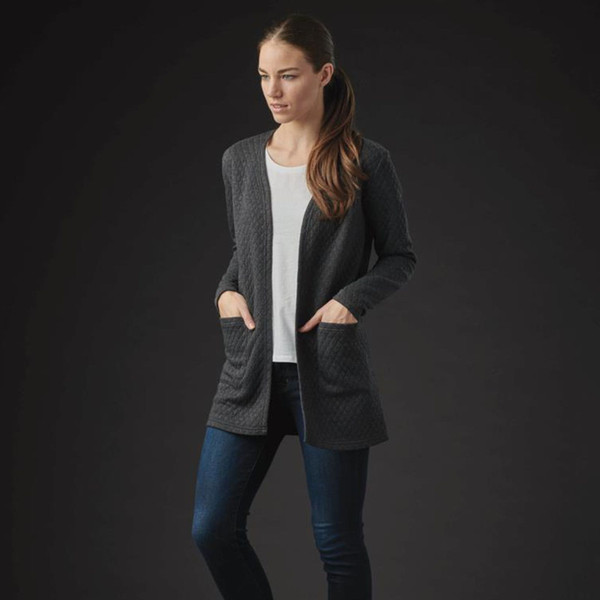 Woman wearing charcoal open-front 3/4 length cardigan with textured knit pattern and front patch pockets
