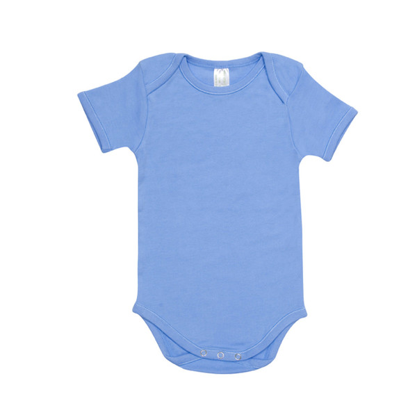 Periwinkle blue short-sleeve baby bodysuit with envelope neckline and snap fasteners at base