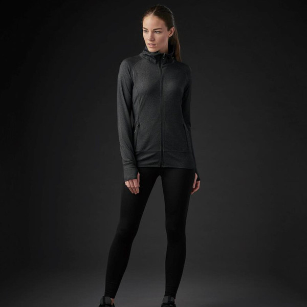 Woman wearing charcoal marl full-zip hooded performance jacket with side zip pockets and fitted athletic silhouette