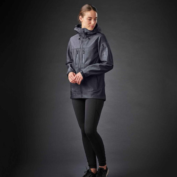 Woman wearing charcoal heather hooded softshell jacket with zip chest pocket and zip hand pockets