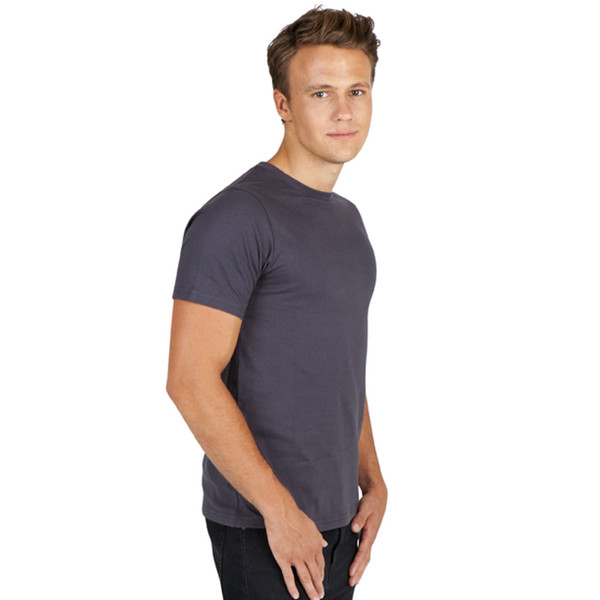 Charcoal grey slim fit crew neck t-shirt with short sleeves on model