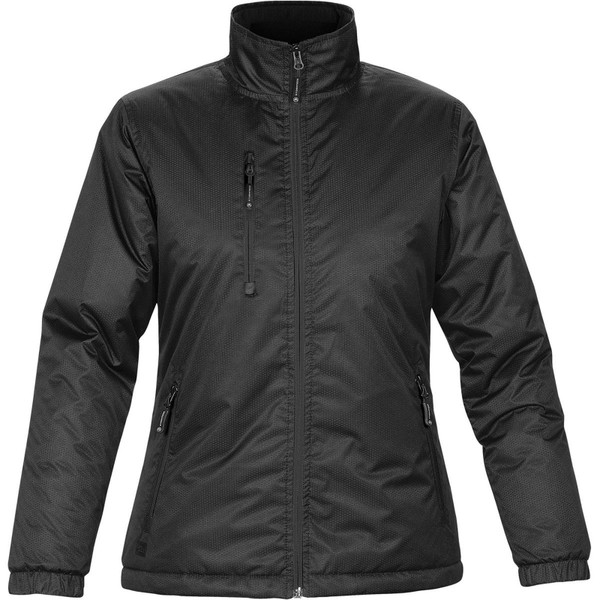 Black women's insulated thermal jacket with stand collar, centre-front zip and zippered chest and side pockets