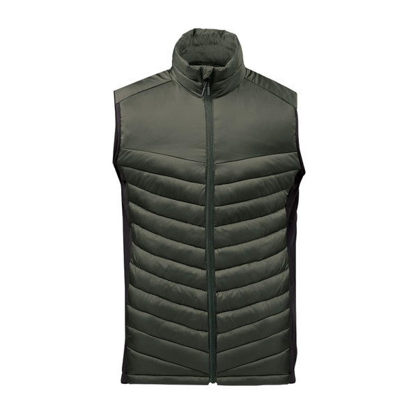 Moss green men's puffer vest with quilted front panels, contrast softshell side panels, and zip-through funnel collar