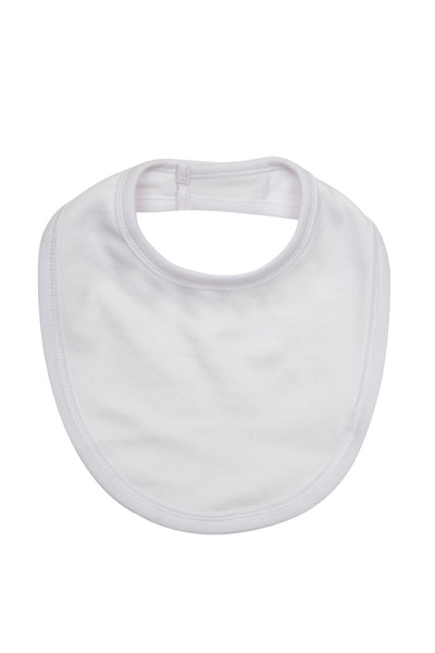 White organic cotton baby bib with snap closure and soft contrast stitching, flat lay packshot
