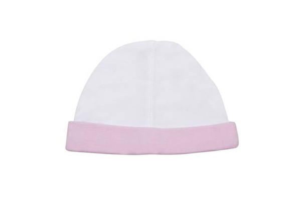 White organic cotton baby cap with soft pink contrast cuff band