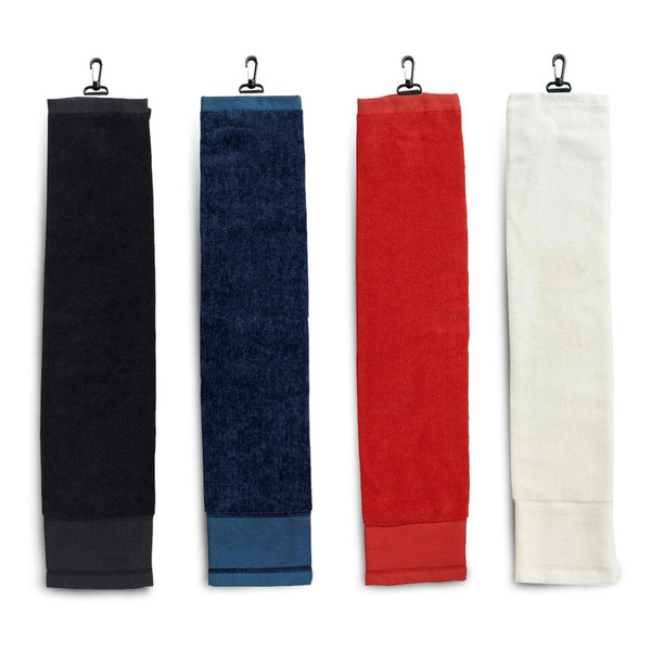 Four tri-fold golf towels in black, navy, red and white hanging from metal carabiner clips