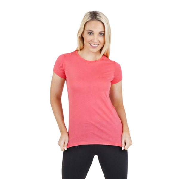 Coral pink women's fitted crew neck t-shirt with short sleeves and smooth cotton finish