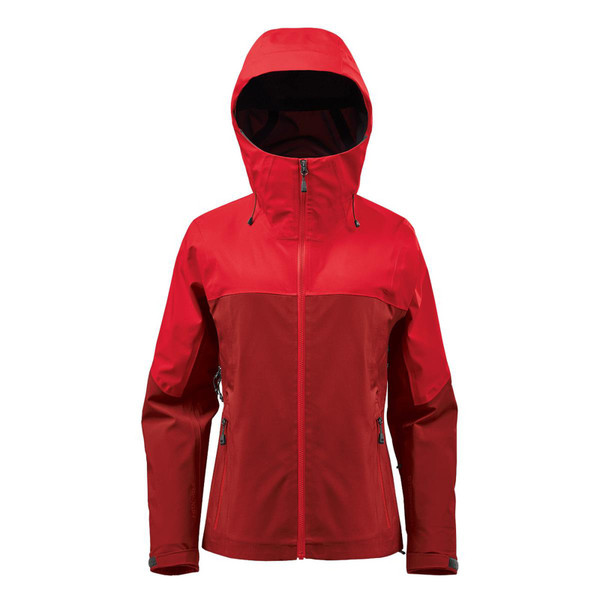 Women's Stormtech shell jacket in scarlet and crimson two-tone panels, full-length zip, structured hood, zip side pockets