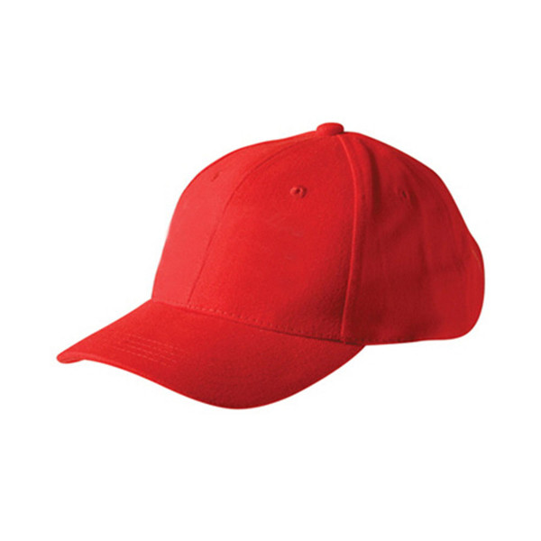 Bright red structured cotton baseball cap with six panels and pre-curved peak