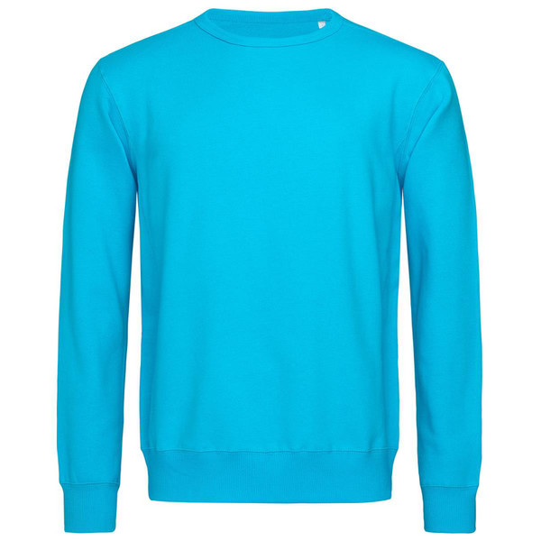 Cyan blue men's crew neck sweatshirt with ribbed cuffs and hem, smooth flat chest panel, packshot view