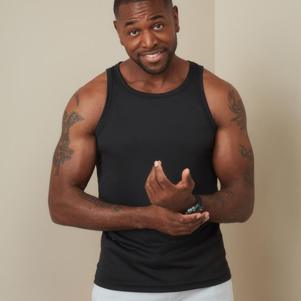 Male model wearing a black sleeveless tank top with round neckline and ribbed hem