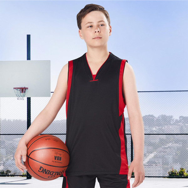 Black sleeveless basketball singlet with red side panels and V-neck trim