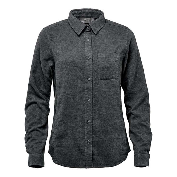 Women's charcoal marl cotton flannel shirt with point collar, button front, and single chest pocket