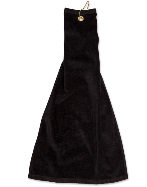 Black terry velour golf towel with metal grommet and carabiner hook attachment