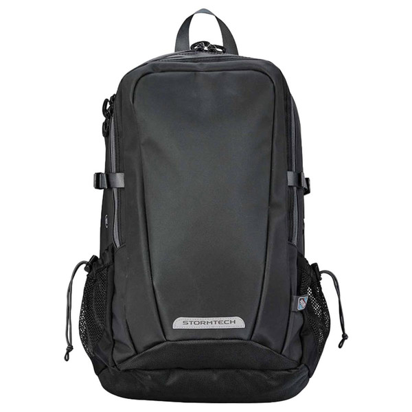 Stormtech black 26L water-resistant backpack with mesh side pockets, compression straps, and multi-zip panelling