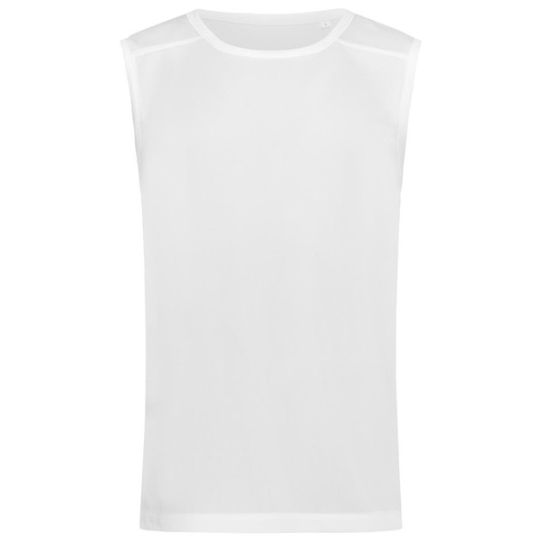 White men's sleeveless active top with crew neck and mesh shoulder panels, flat lay packshot