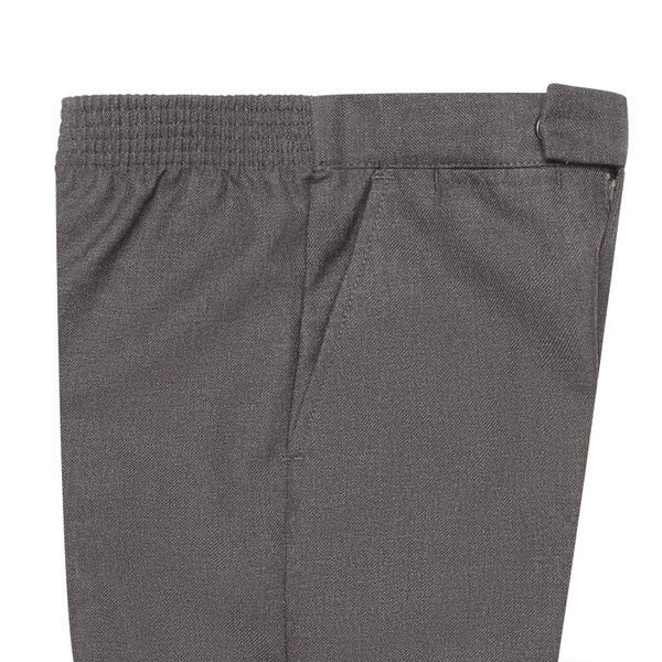Charcoal grey kids school trousers with elasticated waistband, belt loop, and subtle twill texture