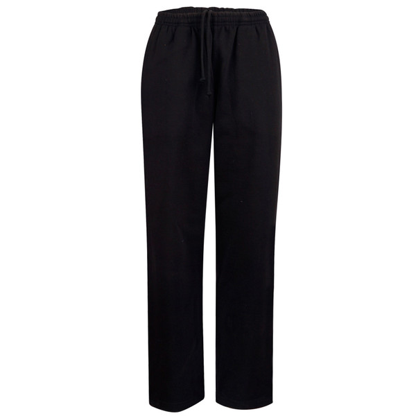 Black unisex track pants with elastic waistband and drawstring in straight leg style