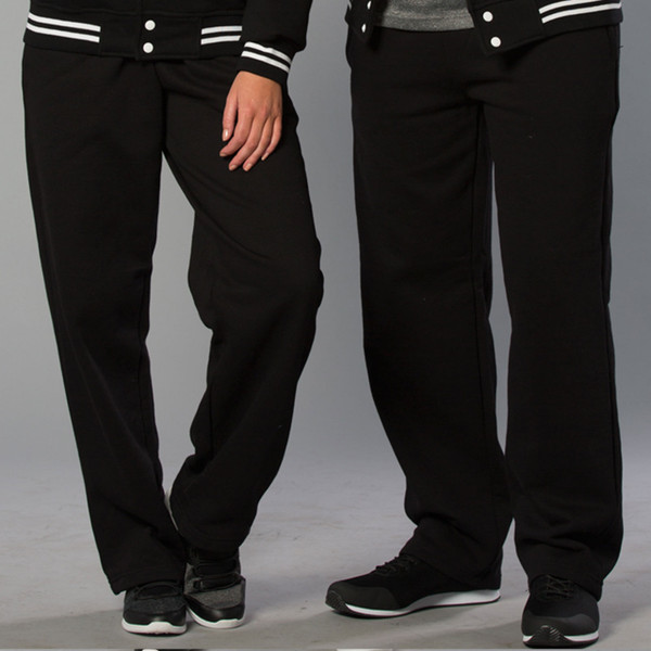 Black unisex track pants with straight leg fit and white striped varsity jacket detail visible