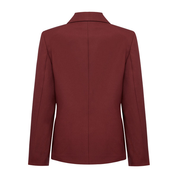 Rear view of a girls formal blazer in deep burgundy with notch collar and centre back seam