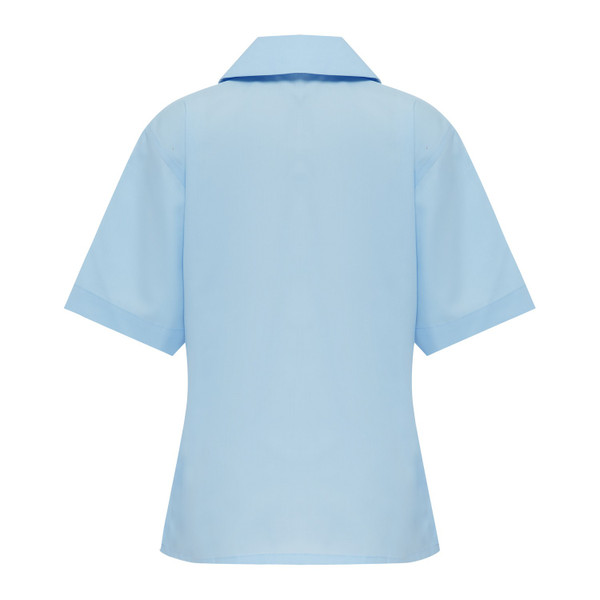 Back view of a sky blue girls short sleeve school blouse with Peter Pan collar and tailored fit