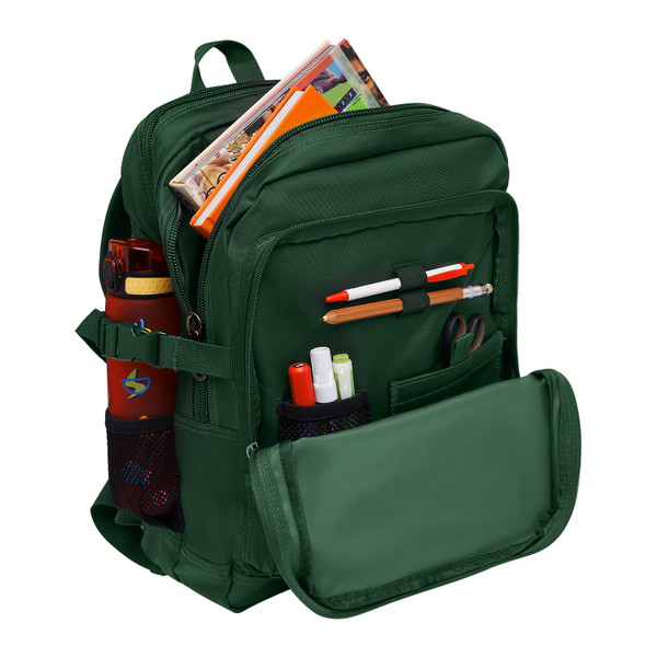 Bottle green school backpack with open compartments showing pens, books, mesh side pocket and front organiser panel