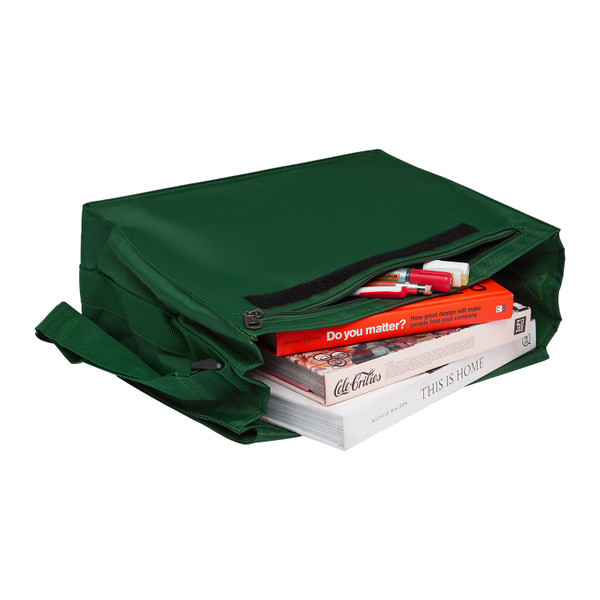 Bottle green canvas senior book bag laid flat, zip opening, black zipper trim, short handles, filled with books