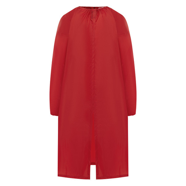 Red lightweight long-sleeve art smock with gathered neckline, front placket, and centre back vent