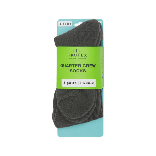 Charcoal grey quarter crew socks 3-pack in Trutex retail packaging, size 9-12 junior